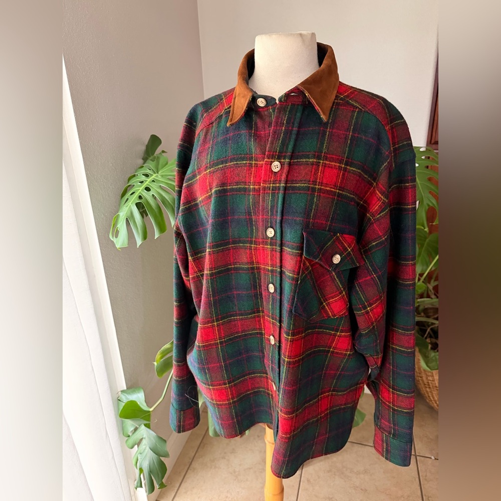 Vintage Woolrich XL Plaid Flannel‎ Shirt Jacket Suede Collar Made USA
